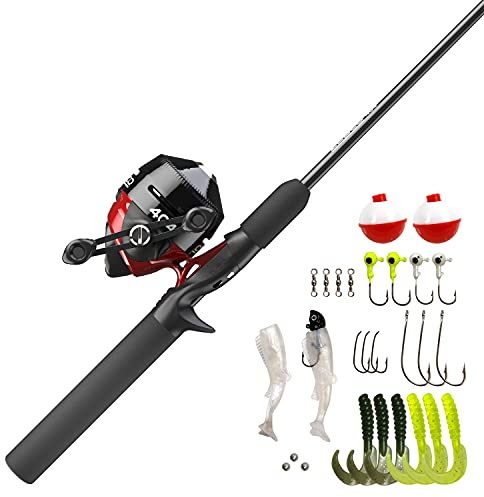 Zebco 404 Spincast Reel and Fishing Rod Combo, 5'6 2-Piece Durable Fiberglass Rod with EVA Handle, Quickset Anti-Reverse Reel with Built-in Bite Alert, 28-Piece Tackle Pack,Black/Red