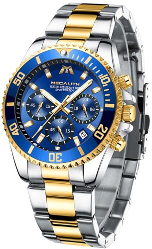 MEGALITH Uhren Herren Chronograph Edelstahl: Gold Blau Armbanduhr Herren Groß mit Datum Leuchtend Wasserdicht - Designer Herrenuhr für Geschäftsleute Alltagskleidung Geschenk