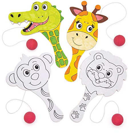 Baker Ross Paddle ballracket djungeldjur av trä, bollen är fäst på racket med gummiband (förpackning med 5). Perfekt för alla fester.