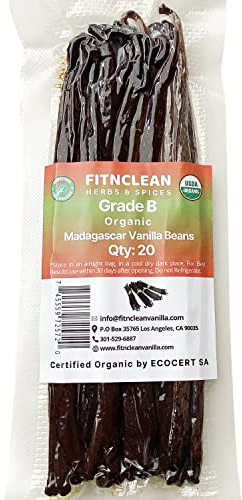 20 Organic Madagascar Vanilla Beans Grade B. Certified USDA Organic. 5-7by FITNCLEAN VANILLA for Extract, Paste, Cooking, Baking. Whole Bourbon NON-GMO Pods