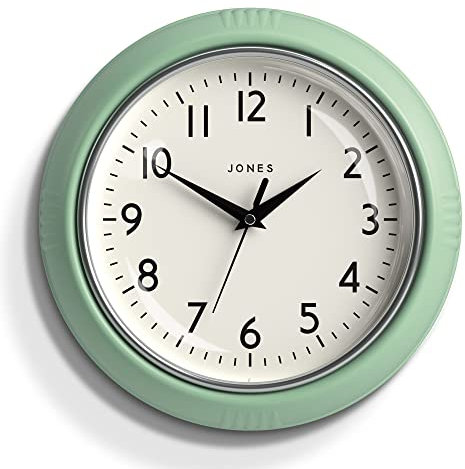 Jones Clocks® Ketchup wall clock | Round retro diner clock | 25cm | Neo mint green | Ideal for the kitchen, living room, office or bedroom | Easy to read numbers