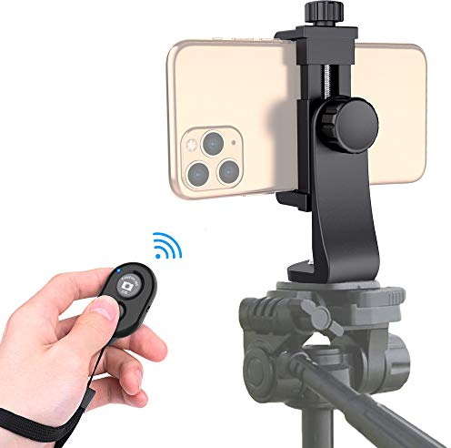 Universal Phone Tripod Mount Adapter with Ｗireless Camera Remote , Cell Phone Holder with Adjustable Clamp for Selfie Stick Monopod Compatible with iPhone, Samsung and so on , Wrist Strap Included