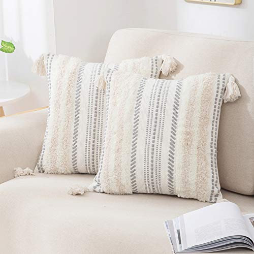 decorUhome Boho Beige Cushion Covers 45x45cm Set of 2, Decorative Tufted Tassel Woven Pillow Case for Sofa Couch 18X18 Inch