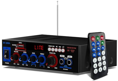 Amplificatore Bluetooth, Potenza di picco 800W Stereo Audio Hifi Bluetooth,Karaoke Mixer, Hi-Fi Digital Amp 2.0 Channel Nominale 30W+30W con Ingresso USB/FM/Scheda SD/Mic per Casa, Auto Audio