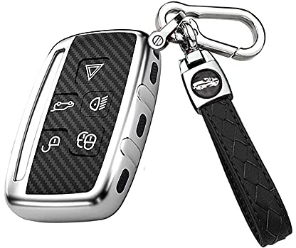 HIBEYO Autoschlüssel Hülle Passt für Range Rover Karbon TPU Schutzhülle Schlüsselhülle Passt für Land Rover Sport Evoque Velar Discovery LR4 für Jaguar XF XJ XE F-PACE Fernbedienung 5Tasten-Silber