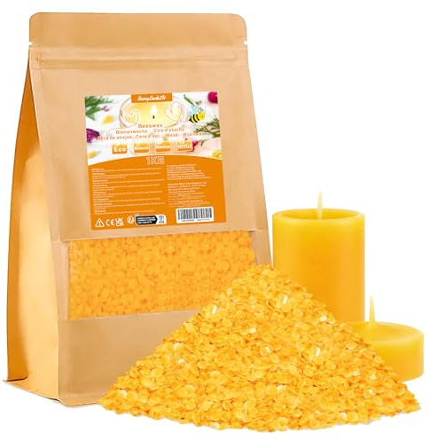 BringLuck2U Pastilles de cire d'abeille, 1 kg, idéale pour les cosmétiques naturels, les lingettes en comme cire de bougie, emballage durable, Jaune