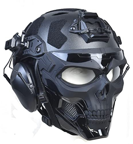 Tactical Full Airsoft Mask & Tactical Helmet with Tactical Headset,Ear Hearing Protection Noise Cancelling,Full Face Skull Mask Clear Goggle Paintball Gear (T-Black Helmet)