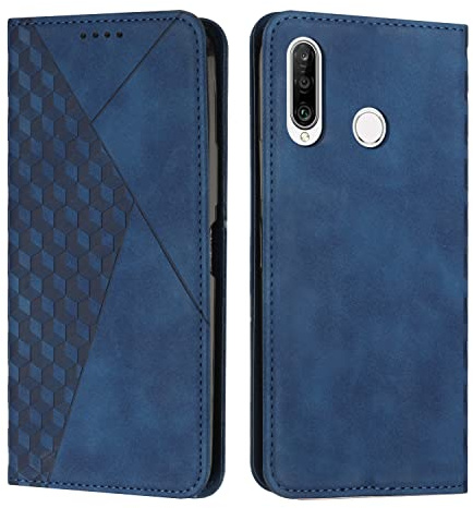 KOUYI Kompatible mit Huawei P30 Lite Hülle, Retro Premium PU Leder Weich TPU Klapphülle Kartenfächer Magnetic Standfunktion Flip Wallet Shockproof Handyhülle (Blau)