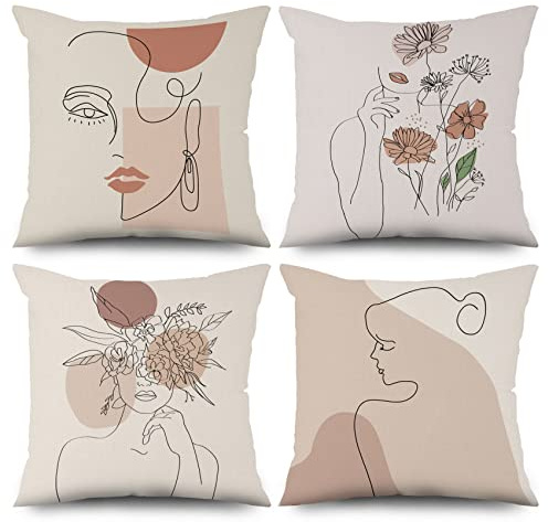ASDCXZ 4 stycken örngott boho 40 x 40 cm, modern abstrakt konst linje flicka blomma beige dekorativ kudde örngott tvättbar polyester lin textil stoppning örngott