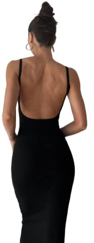 Women Backless Maxi Tank Dress Bodycon Sexy Open Back Hollow Long Dresses Sleeveless Elegant Cocktail Party Dress(Cami Black,S)