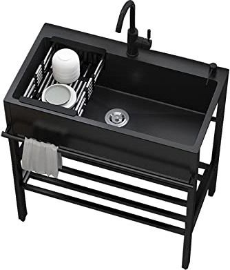 Lavello Cucina Nero Con 1 Vasca, Lavandino Autoportante Commerciale, Lavello Da Esterno, Lavandino In Acciaio Inox Con Scolapiatti, Con Rubinetto, Lavatoio Da Giardino Campeggio ( Size : 60*45cm , Col