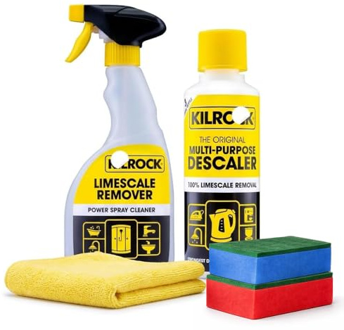Limescale Remover 500ml & 250ml Descaler Cleaning Bundle Powerful Hard Water Stain Remover for Bathroom & Kitchen | Includes 2 Scrubbing Sponges & 1 Microfibre Cloth for Kettles, Showers, Taps & Tiles