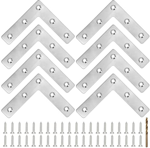 HOUYITOU 8PCS 3.23” x 3.23” L Shape Flat Metal Frame Bracket, 90 Degree Right Angle Corner Brace, Stainless Steel Mending Plate for Wood with 40PCS Screws