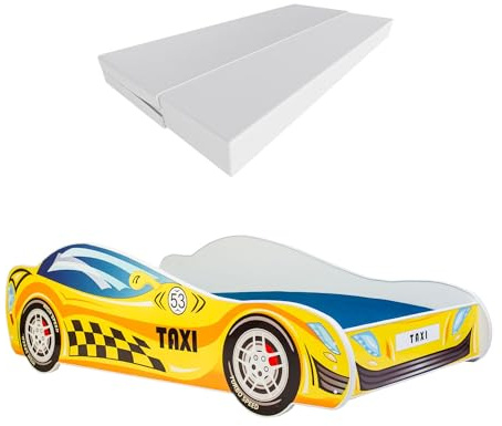 KOBI Kinderbett mit Rausfallschutz Auto | Taxi | 140 x 70 cm | Jugendbett mit Matratze | Kinderbetten Jungen Mädchen | Einzelbett Kinder Bett Autobett