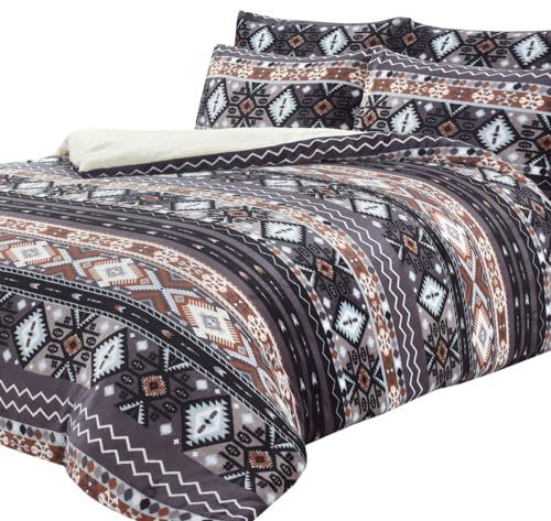 Olivia Rocco Aztec Teddy Fleece Duvet Cover Set With Pillow Cases Quilt Bedding Sets Easy Care Thermal Warm Cosy Super Soft Fluffy Comforter Bed linens, Double Grey