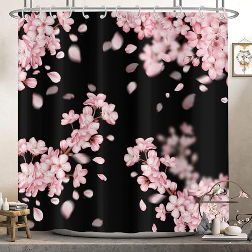 Hnmdmyi Duschvorhang Kirschblüten 180x200, Rosa Blumen Japanisch Asiatisch Stil Sakura Ästhetische Kunst Schwarz Badewanne Vorhang Wasserdicht Polyester Stoff Waschbar Badevorhang mit Haken