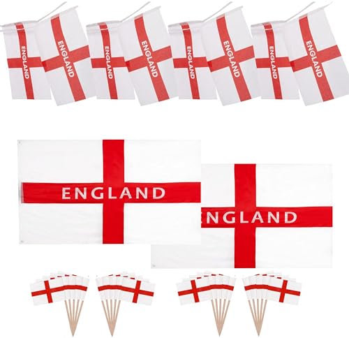 5ft x 3ft 2 England Printed St George Cross National Flag + 12m Bunting & 50 Cocktail Sticks Sporting Events Decorations For Rugby Football Banner