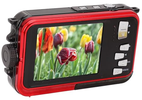 Appareil photo numérique sous-marin Full HD 2,7 K 48 MP étanche 10 pieds zoom numérique 16X avant arrière double écran étanche (rouge)