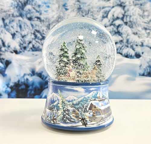 Schneekugel Schlittenfahrt Weihnachtsbaum Holen | Sockel Winterlandschaft hellblau | mit Spieluhr | H:14 cm B: 10 cm | Schüttelkugel | 20102