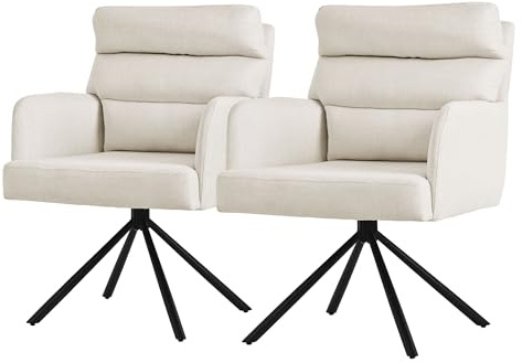 ML-Design Esszimmerstühle drehbar 2er Set, Beige, Wohnzimmerstühle mit Arm- und Rückenlehne, Drehstühle Auto-Position, Polsterstühle mit Polyesterbezug und Rückenkissen, Küchenstühle mit Stahlgestell