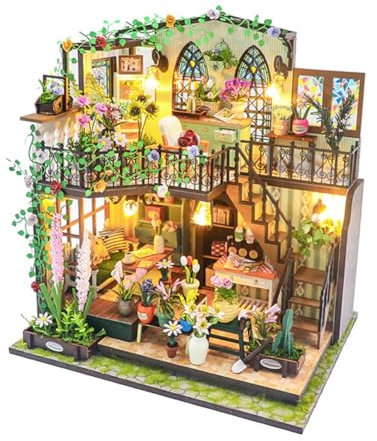 Kit de casa de muñecas DIY, miniatura para caseta de jardín, invernadero DIY en miniatura con muebles y luz, madera con muebles y luz, casa de muñecas en miniatura, kit de bricolaje para adultos y