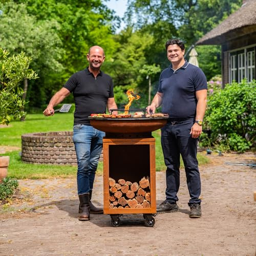 BBQ Plancha Grill Hermano XXL Cortenstahl - Mit Holzlagerung Ø80cm Stahl-Backblech 8mm