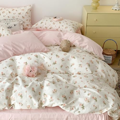 Lanqinglv Bettwäsche 200x200 cm Rosa Weiß Blumen Blätter Mikrofaser,ÖKO-TEX | ÖKO-TEX Bettwäsche Set Allergiker,Wende Bettwäsche Mädchen,Bettbezug mit Reißverschluss,2 Kissenbezug 80x80,Aesthetic