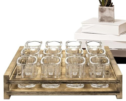 Vasos de whisky para servir, vasos de whisky quemados, soporte de exposición, sostenga 12 vasos de chupito cuadrados, juego de vasos cortados, accesorios para bar de cocina, para Navidad, bodas