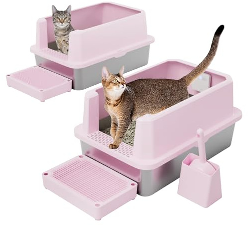 RIZZARI Stainless Steel Litter Box: Large Pink Leakproof Open Tray with Wipe-Clean Design - Odor Control - Teflon Non-Stick - with Deodorizer - 2 Pack - for Cats Up to 20 lbs - in Bathroom Restroom