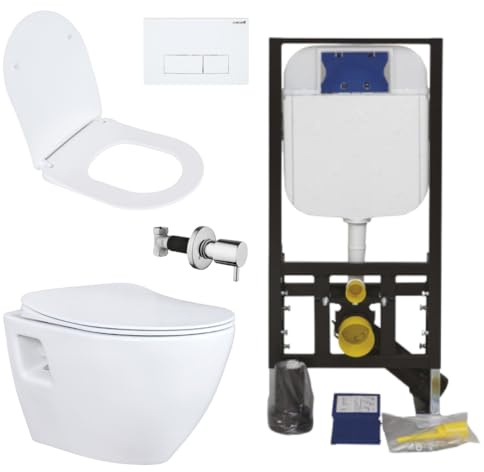 Creavit Wall-Mounted Toilet Set, White, Rimless with Stainless Steel Bidet, Soft Close Toilet Seat and 3/6 L Frame Element Flush-Mounted Complete Set