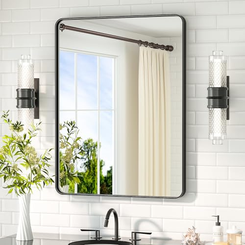 TETOTE Miroir de salle de bain - 60 x 81 cm - Noir - Sans éclairage - Cadre en métal - Miroir mural pour lavabo - Rectangulaire - Miroir d'angle arrondi - Verre trempé - Miroir décoratif