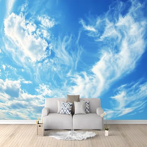 Fototapete 300 x 210 cm 3D Vliestapete Wandbild, Natürlicher Blauer Himmel Und Weiße Wolken Mustertapete Wandtapete, Wohnzimmer Schlafzimmer Tapete Spielzimmer Kindertapete Wanddeko, Blau