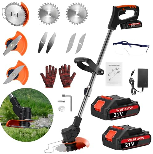 Akku Rasentrimmer 3-in-1 Elektrischer Motorsense mit 2X 4.0Ah Akku, Metall Messer mit 3 Klingen und Schnellladegerät für Garten und Rasen
