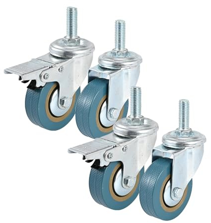 Set of 4 Castor Wheels Heavy Duty 75mm with Brakes Stem Castors Rubber Swivel Casters 200kg Capacity for Furniture Trolleys (M12 thread)