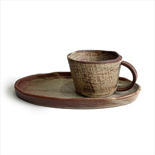 Navishendley Wabi-Sabi Ensemble tasse à café et soucoupe japonaise en céramique avec assiette pour le petit déjeuner, le thé, l'eau ou le bureau (marron)