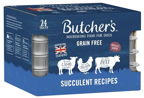 Butcher's Complete Wet Tray Adult Dog Food Succulent Recipes Pack 24x150g | Grain Free for Sensitive Stomachs - Complete & Balanced - British & Irish Farmed - Contains Lamb, Chicken & Beef Recipes