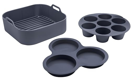Gourmia Air Fryer Accessories Set - 3 Pieces Silicone Liner, Egg Crusher Pot, 7 Holes Cupcake Pan, BPA Free, Non-Stick, Heat Resistant 236.5℃, Suitable
