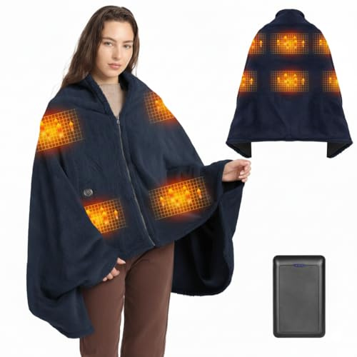 Moteoza 160x90cm Heizdecke Kabellose mit 16000 mAh Akku, Flanell Elektrische Wärmedecke mit 6-Zonen-Heizung, 3 Stufen, Waschbar Heizdecke zum Anziehen für Sofa, Büro, Auto, Camping(Dunkelblau)