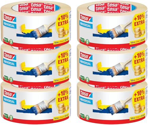 tesa Malerband ECONOMY - Vielseitiges Klebeband für Malerarbeiten ohne Lösungsmittel - Bis zu 4 Tage nach Gebrauch rückstandslos entfernbar, 50 m x 50 mm (50m:50mm | 6 Rollen)