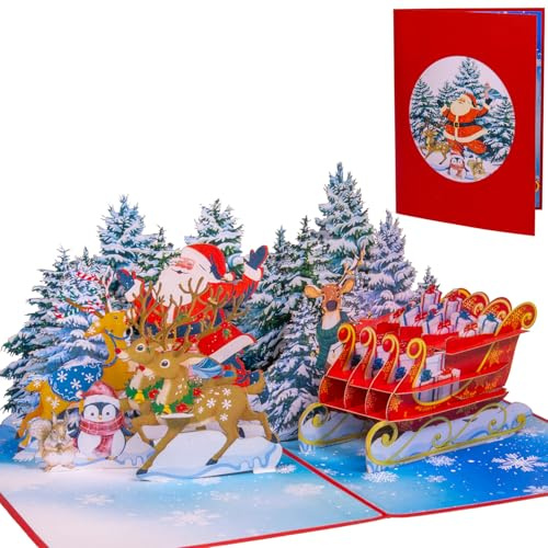 LINPOPUP® Weihnachtskarte 3D – Handgemachte Pop-Up Karte mit Weihnachtsmotiv – Grußkarte mit Umschlag – Geschenkidee zu Weihnachten, Weihnachtsmann Nikolaus im Wald mit Rentiere & Schlitten (N466)