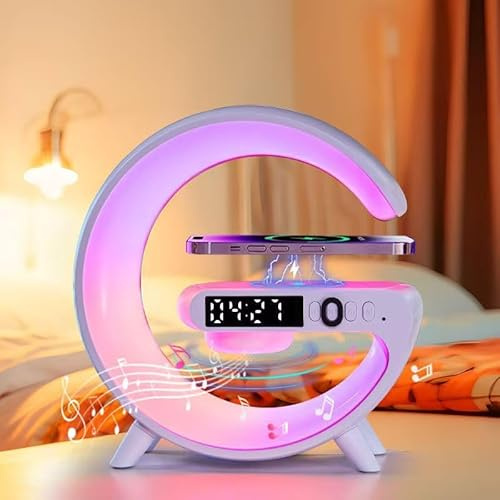 WXZOS G-Shape Lampe de Table Haut-Parleur Bluetooth - Lampe d'Ambiance avec Chargeur Sans Fil 15W, Réveil, 13 Couleurs - Classe Énergétique A - Idée Cadeau Parfaite
