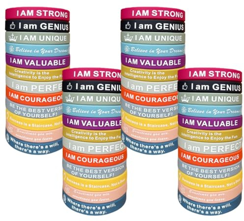 Hoadyush 48 Braccialetti Amicizia in Inglese, 12 Stili Diversi Braccialetti Silicone con Frasi Positive Ideale come Regalo per Bambini, Amici e Colleghi (20,2 cm)