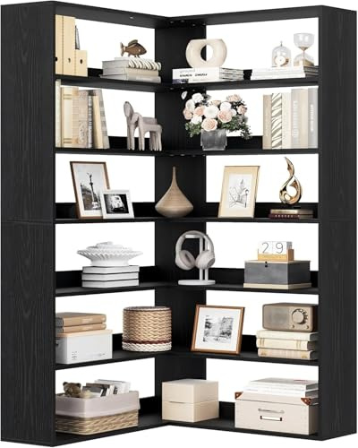 IRONCK 180cm Eckregal stehend Bücherregal 6 Ebenen, L-förmiger Eckschrank Hochschrank Bücherschrank Eckvitrine, offenes Regal Holz, Aufbewahrungsregal für Wohnzimmer Küche, 90x90x180cm (Schwarz)