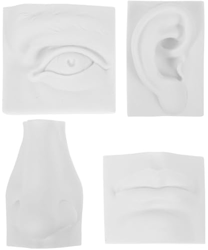 Juego de Figuras de Rasgos Faciales de Yeso para Dibujo y Boceto, 4 Piezas | Figura de Práctica Artística, Blanco, Yeso Ligero, Uso en Pintura y Decoración del Hogar