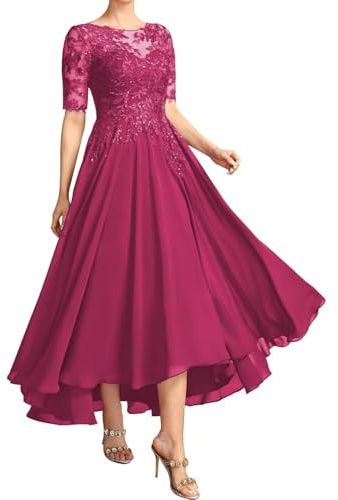 Te längd chiffong brudens mor klänningar för kvinnor båthals formell aftonklänning spets applikation bröllop gästklänning, fuchsia, 56 SE/Plus