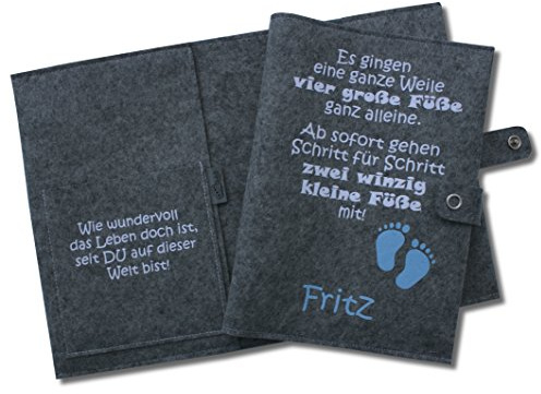 u heft hülle und impfpass Es gingen eine Weile personalisiert mit Namen und Geburtsdatum des Kindes mit extra Fächer und Lasche mit Druckknopf aus 100% Wollfilz - grau meliert blau