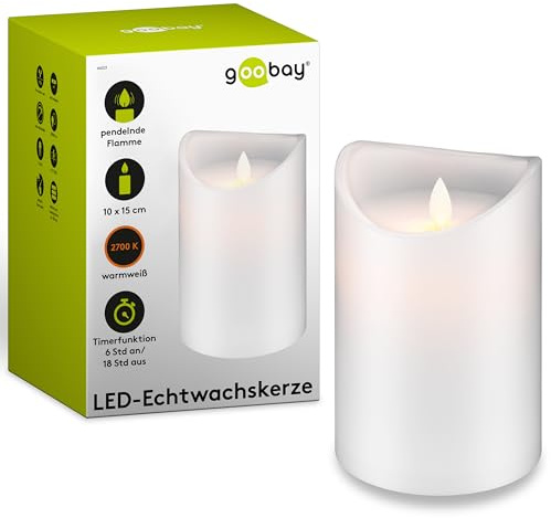 Goobay 66521 LED Kerze mit Timerfunktion / Warmes Licht LED Stumpenkerze / LED Echtwachskerzen flackernde Flamme / Elektrische Kerzen / Adventskerzen 15 cm hoch / Weiß