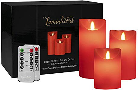Red LED Candles Flameless Flickering Flame with Remote & Timer | Amazing Realistic Dancing Flame | Battery Operated Real Wax Set of 3 | Elegant Home Decor Gift for Women | 2 REMOTES INCLUDED