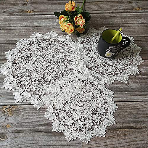 Yulakes 3 Stück weiße Spitze Runde Stickerei Tisch Tischset ，Handarbeit Geklöppelt Spitzendeckchen Baumwolle Placemat Blume Matte，Spitzendeckchen Häkeldeckchen Tischdecke 25cm/30cm/36cm