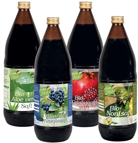 KOPP Vital Kennenlern-Biosaftbox, 4 Flaschen à 1 Liter | Aloe-Vera-Saft, Granatapfelsaft, Aroniasaft, Nonisaft, Bio-zertifiziert